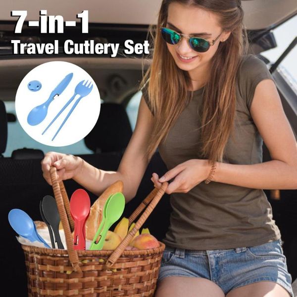 

outdoor 7-in-1 travel cutlery set bottle opener high temperature resistance outdoor camping tableware set