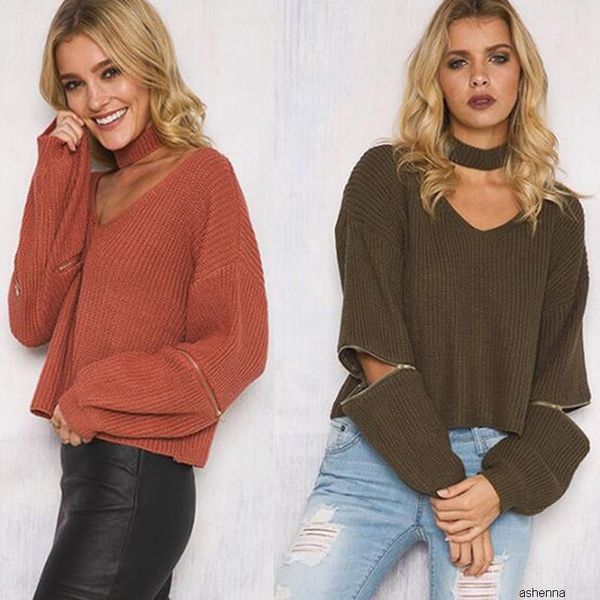 

womens designer neck v-neck sleeve zipper sweateriebz, Black;brown