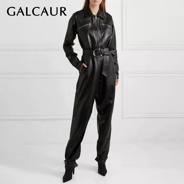 

galcaur casual pu leather jumpsuits for women lapel collar long sleeve high waist straight jumpsuit female fashion 2020 clothing, Black;white