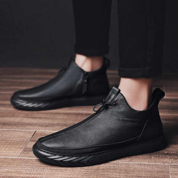 

men's boots genuine leather winter boots winter casual shoes plush warm men rubber ankle for men zapatos de hombre, Black