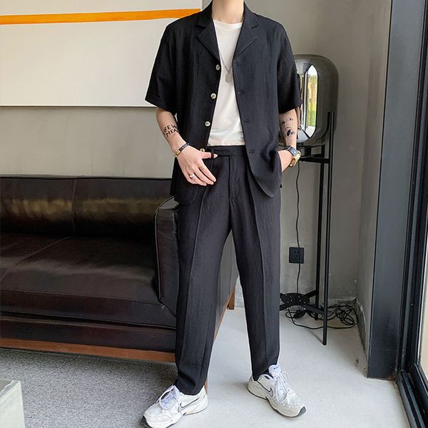 

men 2pcs suits sets shirt+pant male japan korea style streetwear casual short sleeve shirt suit pant, Gray