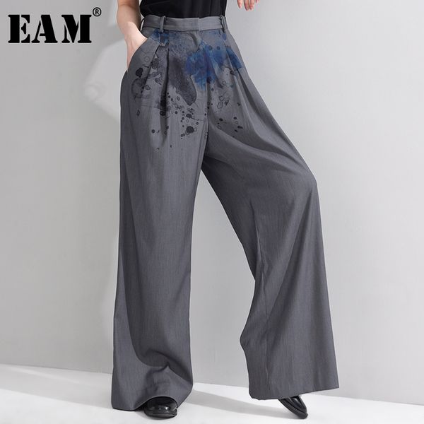 

eam] high waist gray pattern printed long wide leg trousers new loose fit pants women fashion tide spring autumn2020 1n31702, Black;white