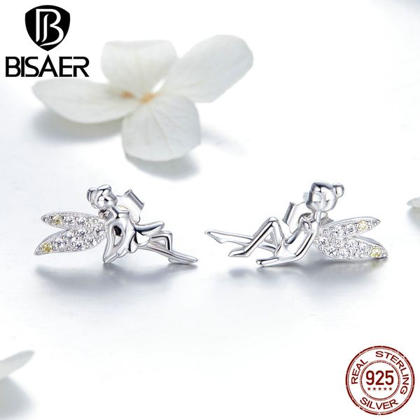 

bisaer 925 sterling silver spring flower fairy earrings stud clear cz stud earring women fashion silver earrings jewelry efe046, Golden