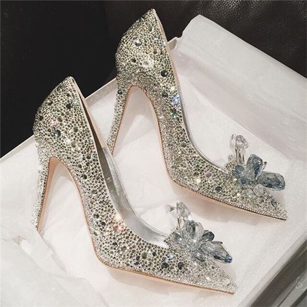 

fashion pointed toe cinderella high heels sweet dress stilettos lady evening party women pumps bling rhinestone wedding shoes, Black