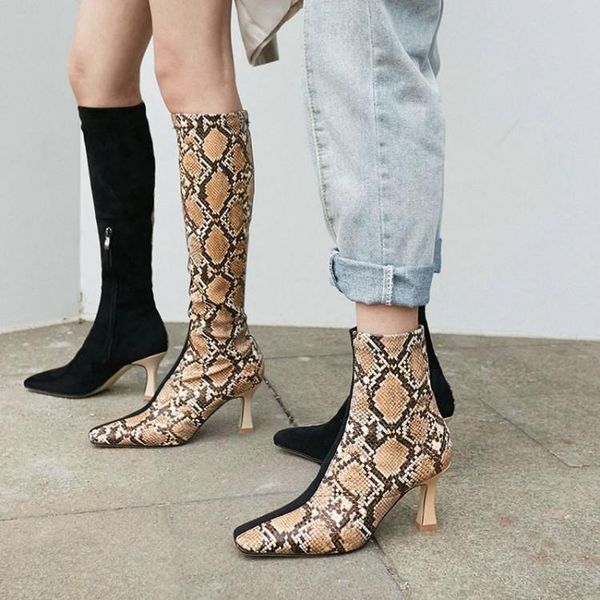 

us4-11 womens snake pattern stitching suede leather match colors knee thigh&ankle boots stilettos heel spring&winter shoes plus, Black