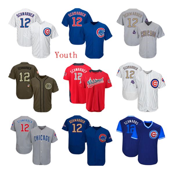 

Youth Kids Child Chicago Cubs Baseball Jerseys 12 Kyle Schwarber Jersey White Blue Gray Grey Green Salute Players Weekend All Star