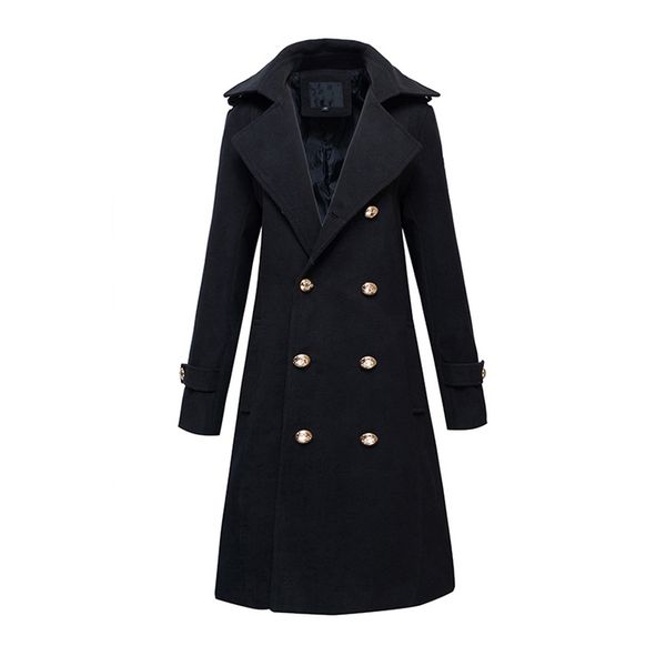 

new winter thick padded jacket men wool blends long coat jackets double breasted slim fit parka pea coats fashion overcoats, Black
