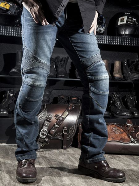 

mens black biker jeans motocycle denim pants male stretch original trousers off-road pants protection clothing xxxxl plus size, Blue