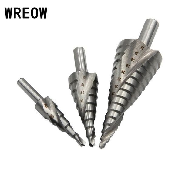 

hss step cone drill bit 3 side shank saw hole spiral cutter drilling power tools for aluminum copper brass wood 4-12 4-20 4-32 m