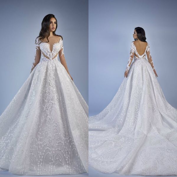 

tony chaaya country wedding dresses lace appliqued sheer jewel neck a line court train country bridal dress custom long sleeve wedding gowns, White