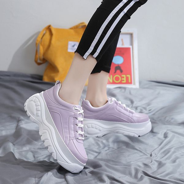 

ins women's chunky sneakers 2020 fashion solid yellow women platform sneakers lace up vulcanized dad shoes casual women, Black