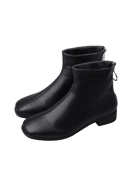 

boots female british style 2019 autumn wild wild motorcycle boots fashion rear zipper single square toe short, Black