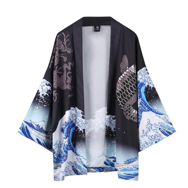 

japanese summer new men models casual sunscreen seven-point sleeves cloak print squid robes shirt, Black;brown