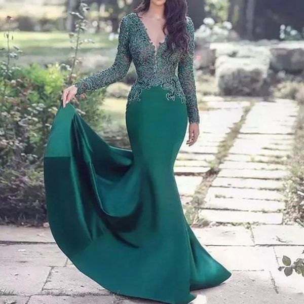 

green muslim evening dresses v-neck mermaid long sleeves lace islamic dubai saudi arabic elegant long formal evening gown, Black;red