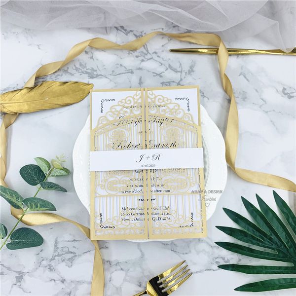 

pearl gold floral laser cut wedding invitations, printed customized insert and belly band, via ups, Black