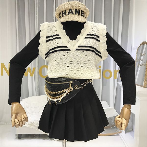 

hollow out vest women knitted v-neck vest for women sleeveless winter sleeveless coats jacket, Black;white