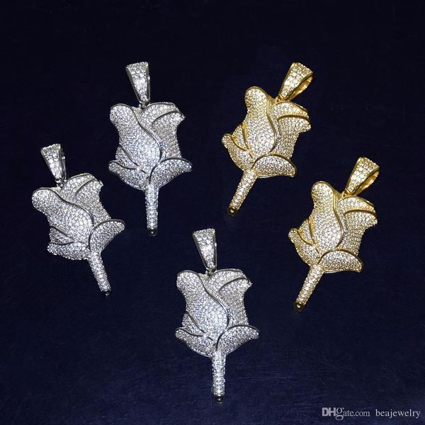 

новая роза цветок ожерелье золото серебро rosegold iced out кубический циркон bling мужчины хип-хоп ювелирных изделий, Silver