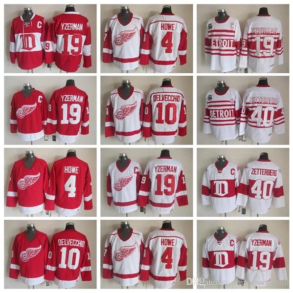 

detroit red wings 19 steve yzerman jersey men 40 henrik zetterberg 10 alex delvecchio 4 gordie howe vintage classic 75th red white, Black;red