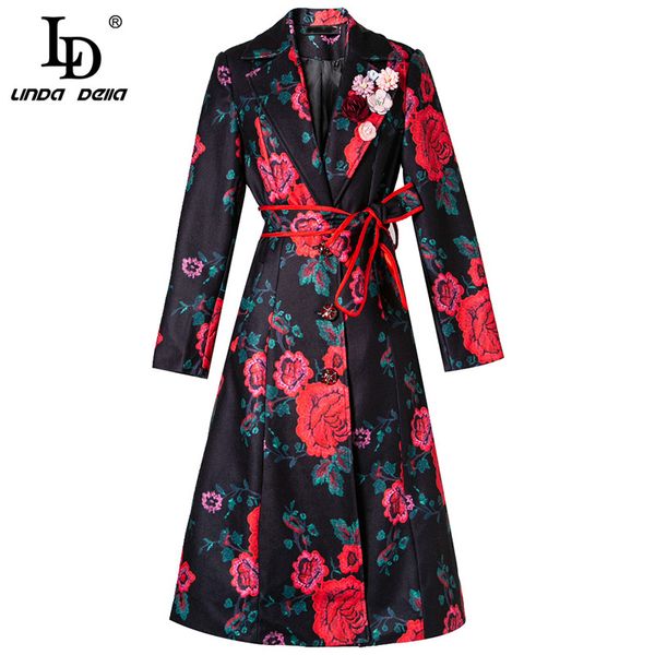 

ld linda della autumn winter long coat women's gorgeous button floral print appliques elegant overcoat belted outerwear, Black