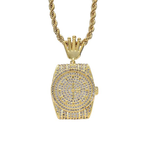 18k banhado a ouro diamante relógio de bolso colar material de cobre completo cz pedra mens hop hop jóias presente