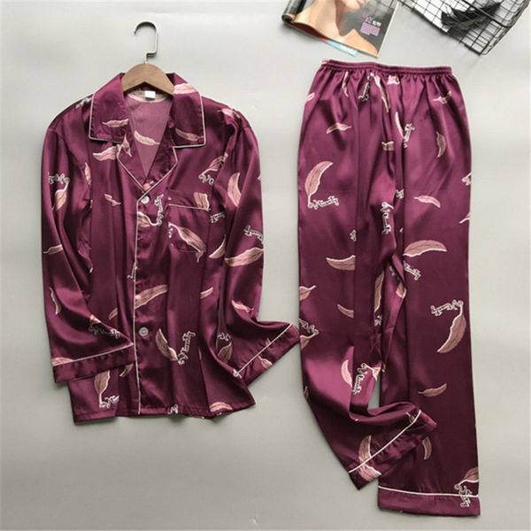 

male four seasons plus sizesilk pajamas set pyjama homme court long sleeve pants satin nightwear sleepwear pijama hombre, Black;brown