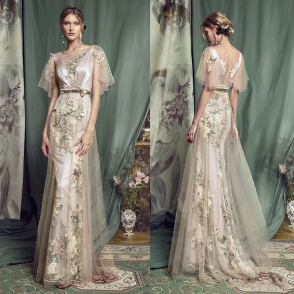 

2020 belfaso vintage hand made flowers mermaid wedding dresses with overskirts v-neck lace appliques party gowns floor length wedding dress