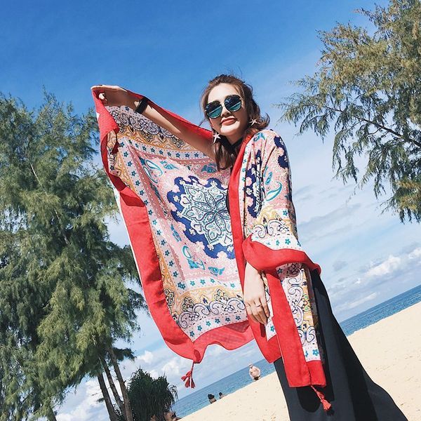 

180 * 100 см женщины шали хлопок белье шарф обертывания тонкий атлас цветочные ретро этнический стиль длинная весна лето пляж шарф c4