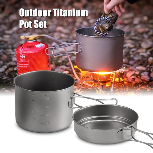 

легкий 1100ml / 1600ml titanium pot pan set кемпинг пот пан с складной ручкой открытый набор посуды посуда приготовление инструмент