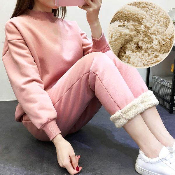 

plus velvet thicken sweatshirt suit women winter warm lambs wool pullover sweatshirt and pants two-pieces hoodies women c5157, Black