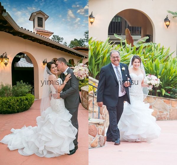 

cascading ruffles mermaid wedding dresses 2020 sweet heart corset back appliques beads garden country chapel bridal gowns vestidos de novia, White