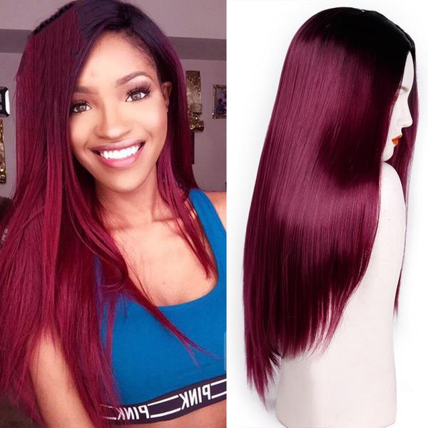 

ombre burgundy blonde blue purple color straight hair synthetic wigs glueless high temperature fiber synthetic hair non-lace for women, Black