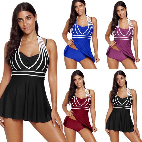 

women summer padded tankini swimwear print halter swimming dress beach wear two piece swimsuit bathing suit plus size bikini