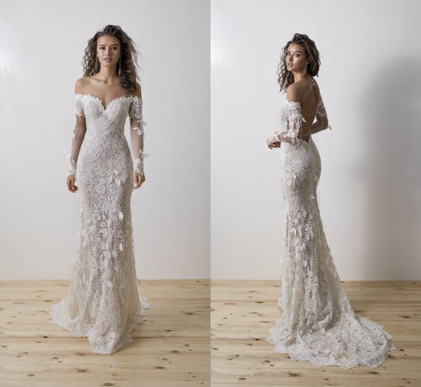 Элегантные русалки свадебные платья жемчужины с длинным рукавом полые кружевные аппликации свадьбы свадебное платье