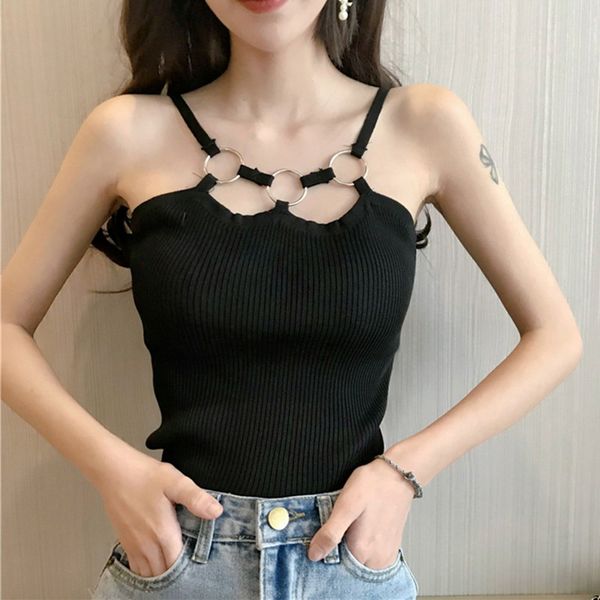 

сексуальное кольцо пряжка холтер вязаных бретелей женщина soild цвет tank tops корейской силма клуб party vest, White