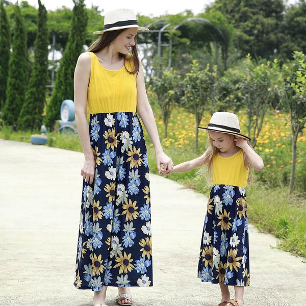 

euro-american women's explosive parent-child dress mother-daughter stitching dress skirt women splice sundress sleeveless dress family, Blue