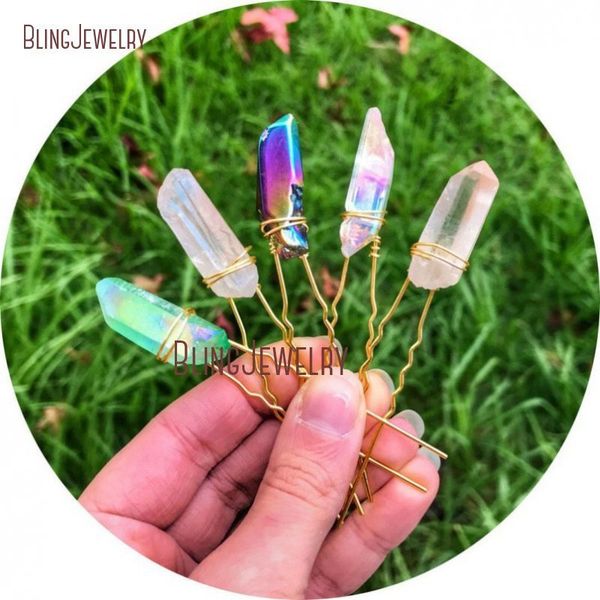 

mix short angel aura crystal quartz hair pin hj11484, Golden;white