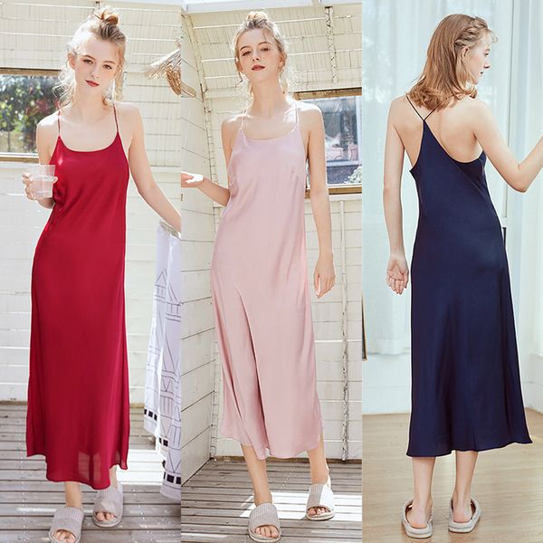 

pajamas sets women casual silk satin sleeveless nighties v-neck nightgown long nightdress lace sleepwear for women l0329, Black;red