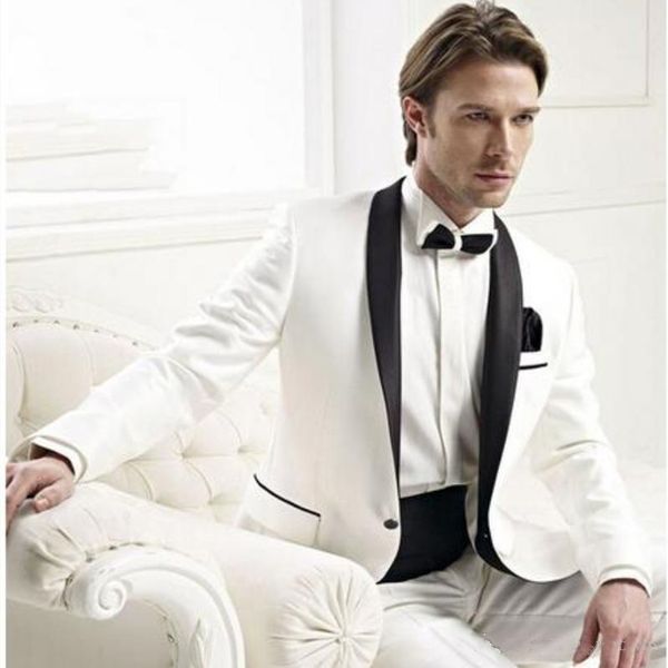 

new mens white wedding suits male groom tuxedos with black shawl lapel one button formal event wear custom made 2 piece blazer, White;black