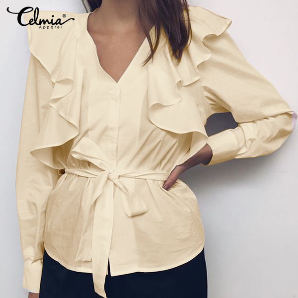 

celmia 2019 v-neck spring fashion blouses long sleeve ruffles shirts casual tunic belted elegant office blusas plus size, White