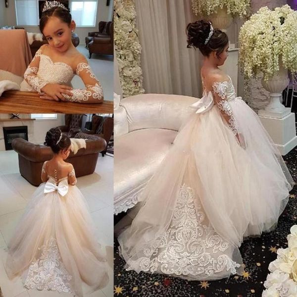

2020 white flower girls dresses long sleeves for weddings lace appliques ball gown birthday girl communion pageant gowns, Red;yellow