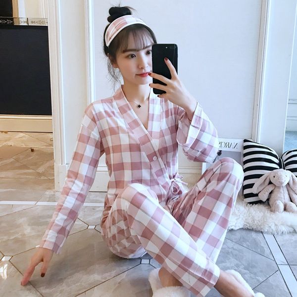 

casual plaid kimono pajamas sets for women spring autumn long sleeve pyjama sleepwear femme homewear pijama mujer lounge clothes, Blue;gray