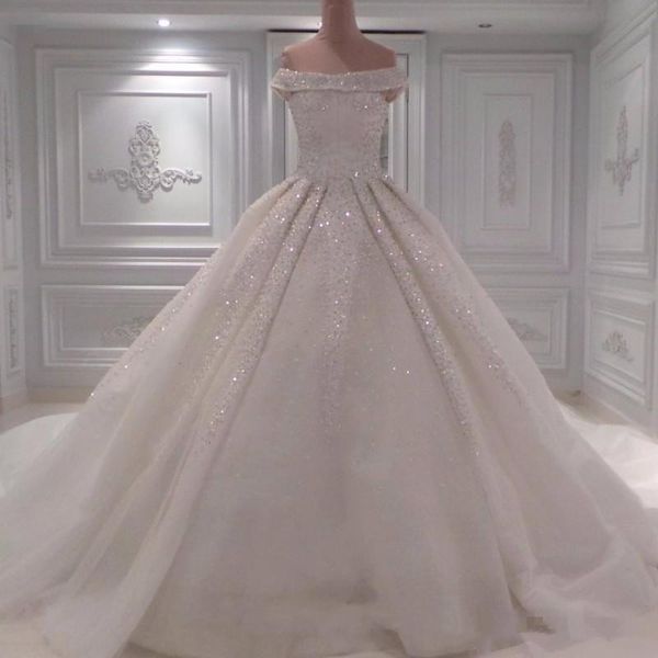 

sparkly beaded wedding dresses 2019 gorgeous off shoulder tulle ball gowns bridal dress custom made tulle wedding gown vestido de noiva, White