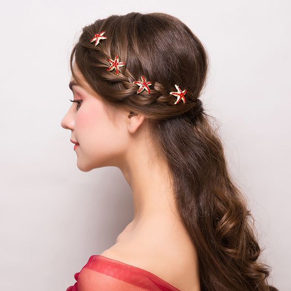 

handmade red beads starfish design hairpins fashion u shape bobby pin bridal wedding party headdress hair accessories gifts new, Golden;white