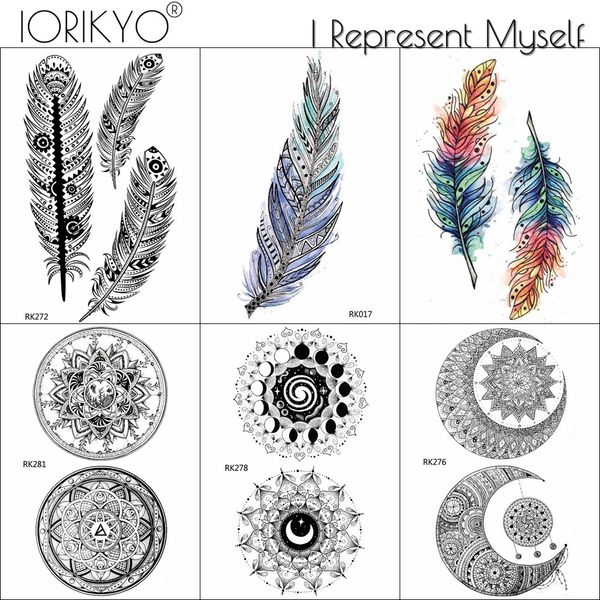 Acheter Iorikyo Plume Tribal Feuille Tatouage Temporaire Femmes Mandala Henné Fleur Oreille Bras Tatouage Autocollants Fille Lune Faux Tatouages