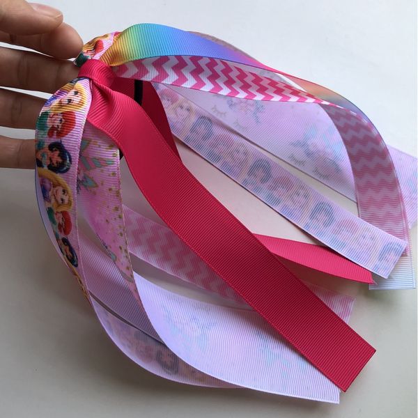 

10pcs/lot 8 inch ponytail band princess printed grosgrain ribbon bows girl's hair bow headware kids hair accessories mix, Slivery;white