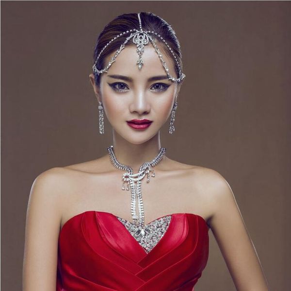 Gümüş Vintage Düğün Gelin Gelinlik Kristal Rhinestone Elmas Alın Saç Aksesuarları Püskül Bandı Tiara Prenses Başlığı