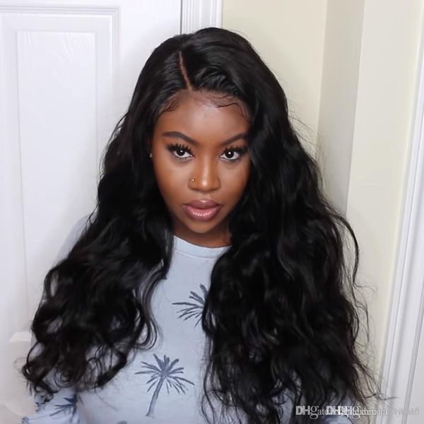 

24inch объемная волна кружева перед парики человеческих волос 13 * 4 натуральный черный полный лобное закрытие парики для женщин 150% плотно, Black