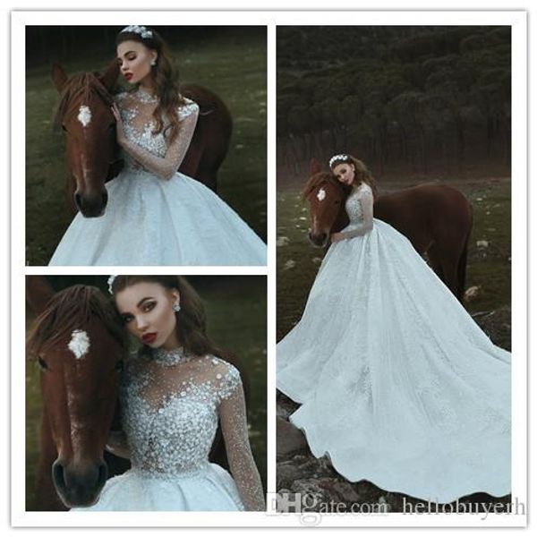 

ball gown high neck sheer long sleeve white satin custom muslim wedding dress vestidos de novia plus size beading bridal gowns 2019