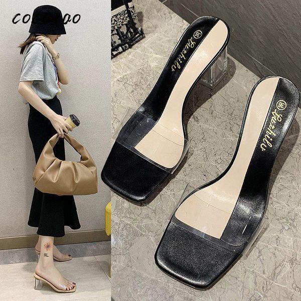 

high-heeled slippers female summer wear 2020 new wild word with square head thick heel transparent sandals and slippers, Black