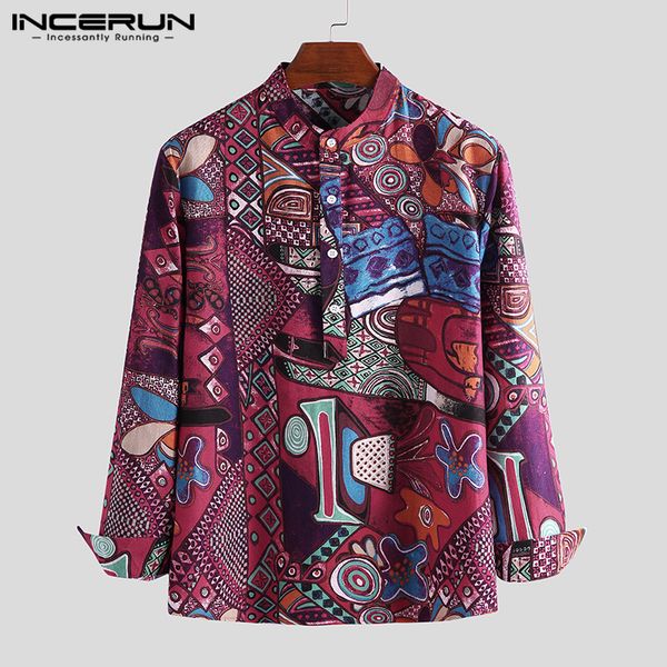 

incerun long sleeve printed shirt men casual fashion stand collar pullover cotton breathable streetwear men hawaiian shirts 2019, White;black